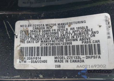 2003 Toyota Matrix Xrs from USA, damaged, VIN 2T1KY38E63C122908